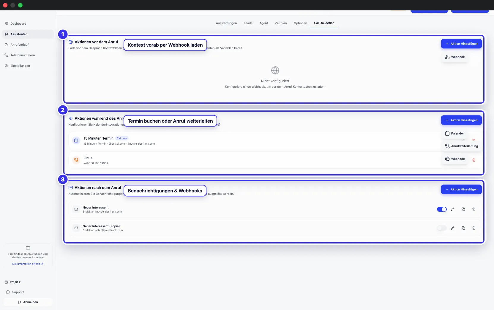Call-to-Action-Tab mit den drei Aktionsgruppen