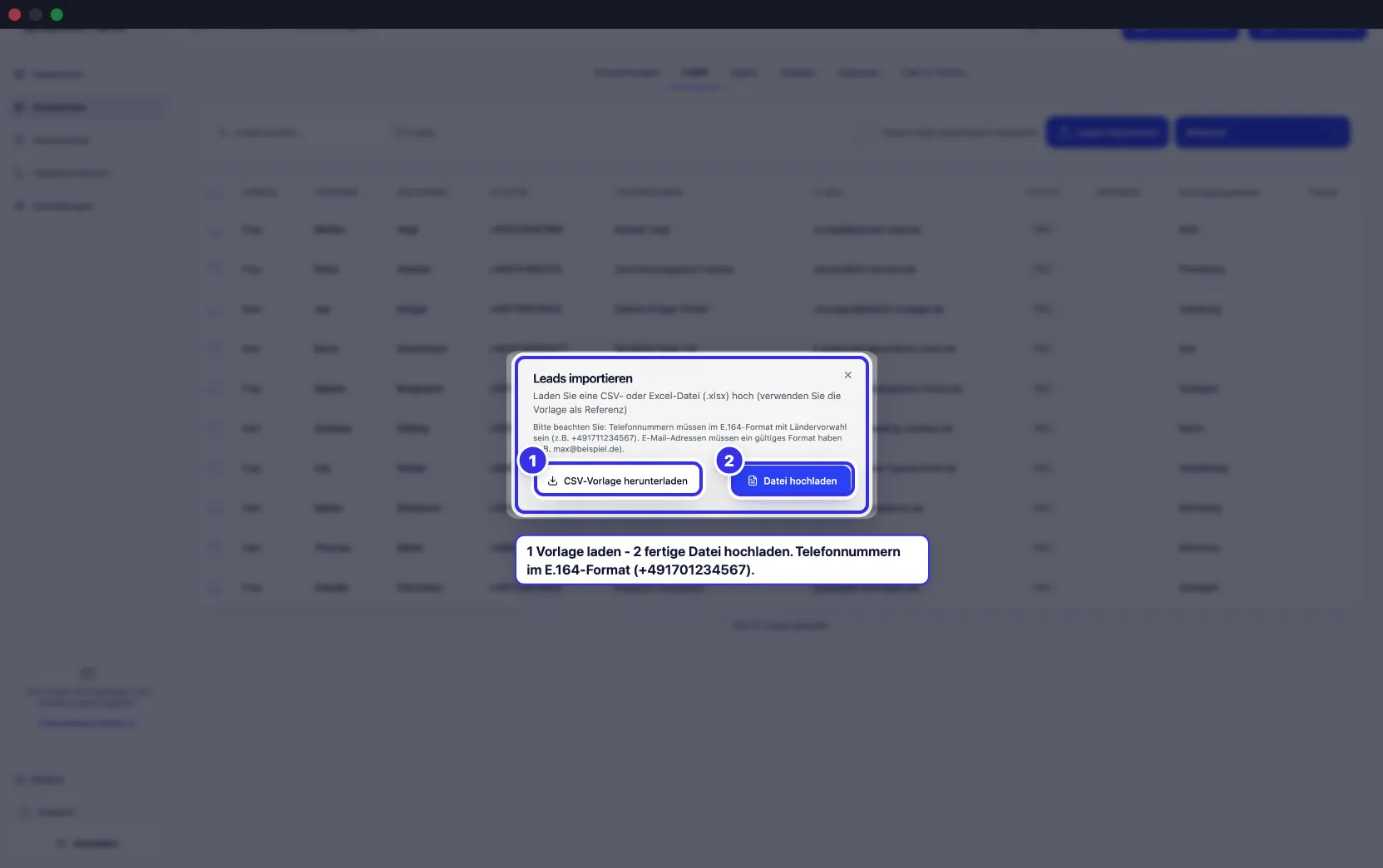 Import-Dialog mit CSV-Vorlage