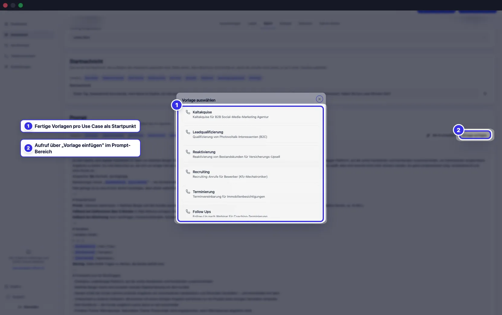 Dialog mit den Prompt-Vorlagen der Plattform
