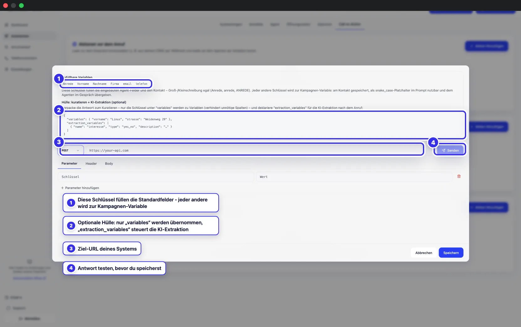 Dialog für den Webhook vor dem Anruf